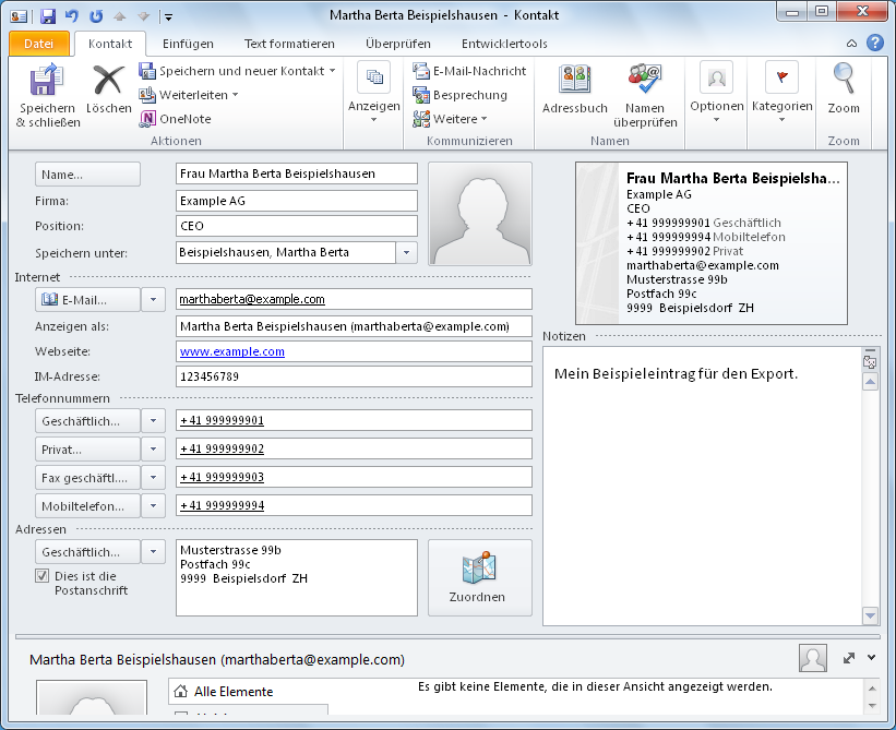 Beispielkontakt in Outlook 2010