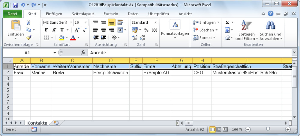 Exportierter Beispielkontakt in Excel 2010