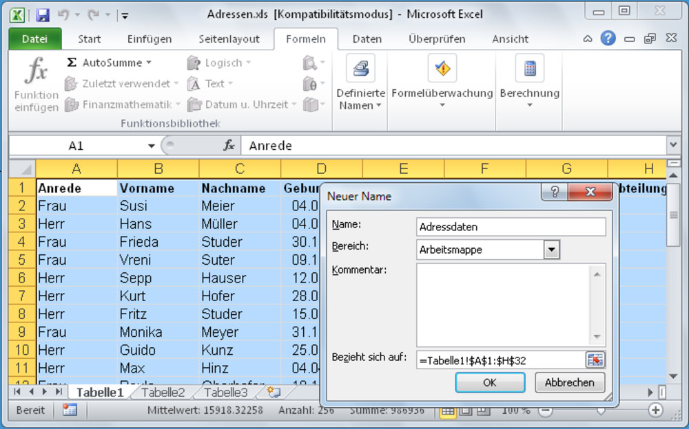 Datenbereich in Excel benennen