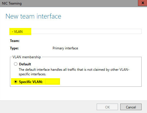 NIC teaming dialog box after VLAN is selected